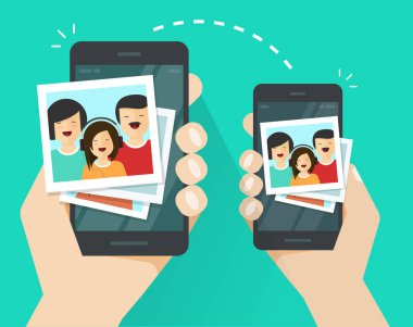 İki bağlantılı cep telefonu veya cep telefonu vektörü, düz çizgi film akıllı telefonları ve fotoğraf dosyaları transfer ağı, hava değişimi ağı arasında kablosuz olarak fotoğraf yükleme veya paylaşma veya aktarma