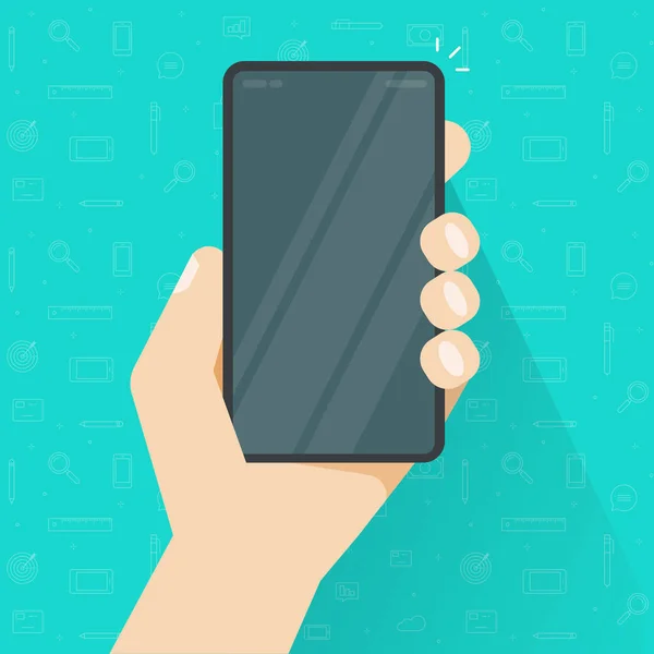 Phone or cellphone in hand with empty screen or person holding mobile smartphone with blank display vector illustration, flat cartoon telephone mockup or template modern design image — Stock Vector