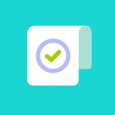 Belge sayfası ve kontrol işareti veya tik vektör simgesi, uzun kağıt sayfa sembolü üzerindeki düz çizgi film işaretleme işareti veya izole edilmiş piktogram, doğru seçim veya oy işareti fikri, onaylanmış sınav veya yapılan