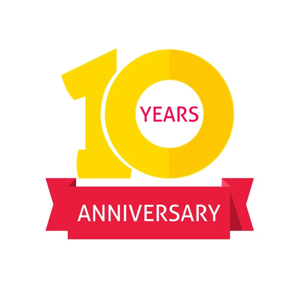 Logotipo de aniversario de 10 años con icono de vectores de cinta roja, signo de fiesta de cumpleaños de 10 años plano o etiqueta aislada en la imagen blanca — Vector de stock