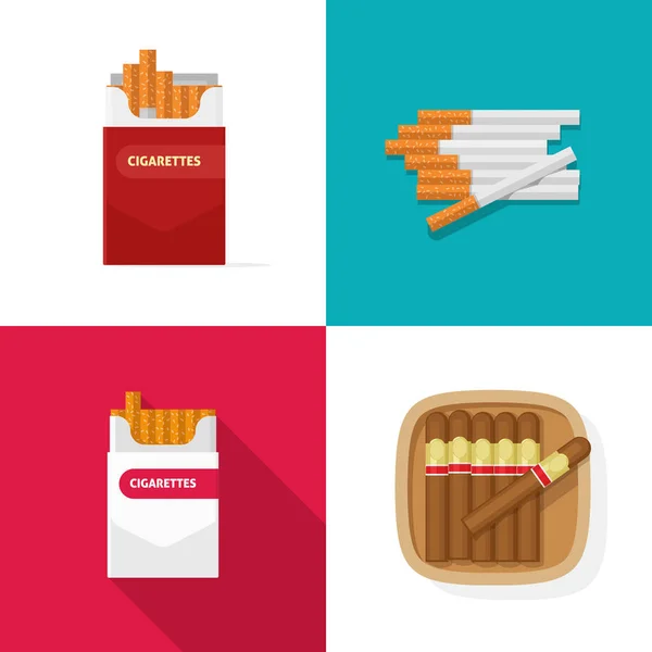 Cigaret pack carton box with cigarettes and luxury cuban cigars vector set flat cartoon isolated clipart image — 스톡 벡터