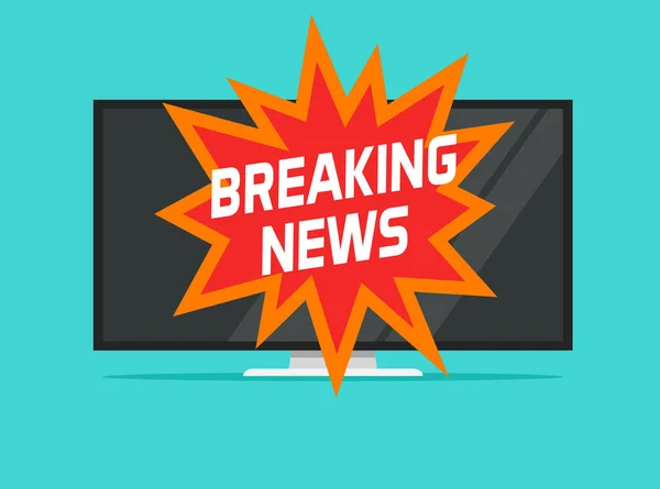 Breaking nieuws teken op tv scherm vector illustratie platte cartoon, concept van hot nieuws televisie symbool beeld — Stockvector