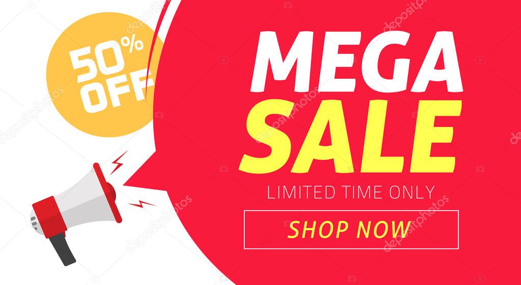 Mega sale banner design with off price discount offer tag and megaphone announce vector illustration, flat clearance promotion or special 50 percent deal off web coupon template or flyer image