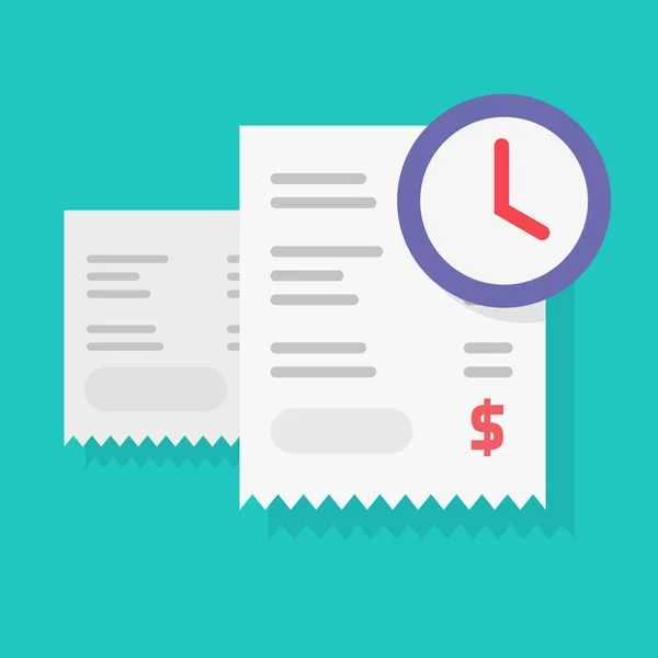 Χρονοδιάγραμμα πληρωμής υπενθύμιση γνωστοποίηση χρόνο ή συναλλαγή χρημάτων αναμονή διάνυσμα, κατ 'αποκοπή χρονόμετρο κινουμένων σχεδίων ή ρολόι με αποδείξεις σε χαρτί, ετήσια φορολογική αμοιβή χρόνο αναμονής εικόνα — Διανυσματικό Αρχείο