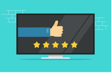 Reviews rating or testimonials feedback online on computer or tv screen vector flat cartoon, concept or pc film or television movie rate stars with thumb up hand modern banner design isolated image