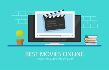 Tv video player with film slate clapper board or television online cinema multimedia vector flat cartoon banner, movie watching or streaming on computer monitor screen, cinematography modern image