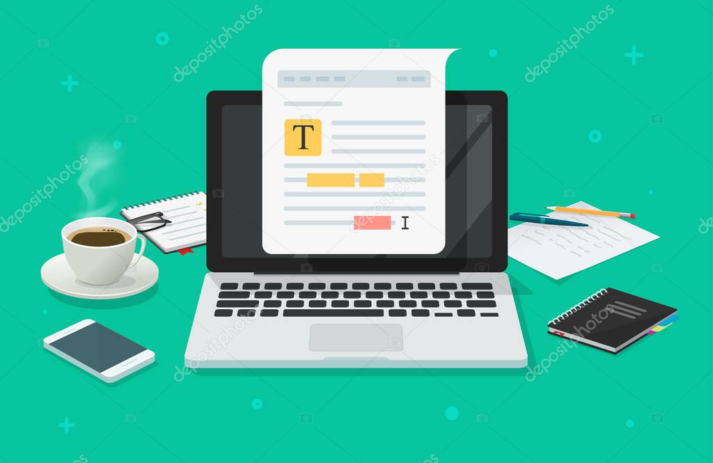 Text file or document content editing online on laptop computer on working desk table vector flat cartoon, creating online notes on pc, writing electronic document text grammar, study or learning