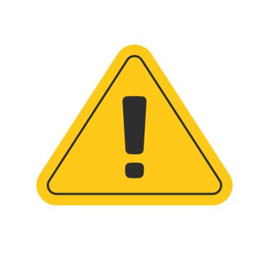 Dikkat yol işareti veya uyarı sarı üçgen ikonu ünlem işareti düz çizgi film sembolü, tehlikeli tehlike ya da güvenlik işareti dağılımı beyaz resim üzerinde izole