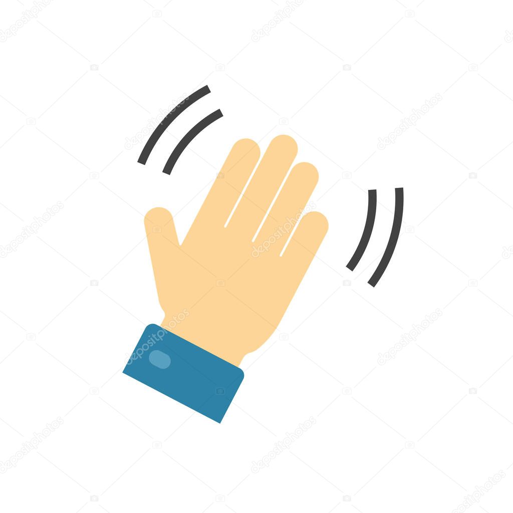 Hello and hi hand icon or bye waving gesture palm symbol for emoji or emoticon vector flat cartoon pictogram, illustration of goodbye or welcome hey web icon for chat isolated modern design image