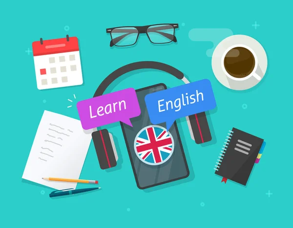Learn english online on mobile phone or study foreign language on smartphone lesson on desk table vector flat cartoon image, education courses class studying english via headphones workplace — Stock Vector