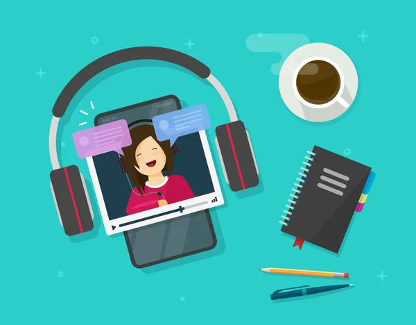 Video chat watching on mobile phone vector or smartphone with visual call on work desk table flat cartoon illustration, idea of digital education or internet chatting from cellphone modern image — Stok Vektör