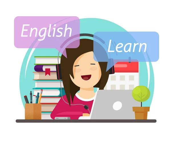 Person student leaning or studying English language online on laptop computer sitting on table desk workplace in headphones vector flat cartoon illustration, character educating school courses modern — 图库矢量图片