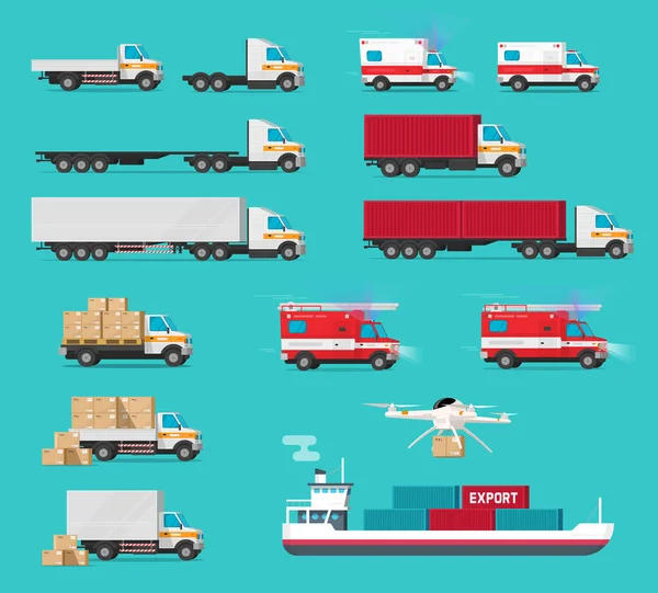 Leverans transport last fordon set eller godstransport bilar och fartyg sjöfart container sida vy vektor platt tecknad illustration, lastbilar och skåpbilar industri lager bil design — Stock vektor