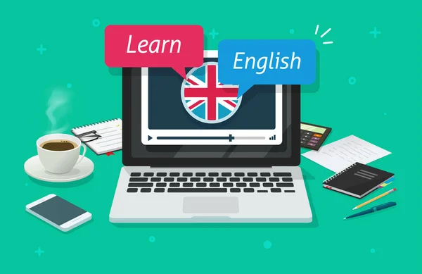 Étudier l'anglais en ligne sur ordinateur portable ou l'éducation de la langue étrangère leçon sur PC sur table vecteur plat illustration de dessin animé, cours d'apprentissage sur Internet classe d'étude de l'image de travail anglais — Image vectorielle