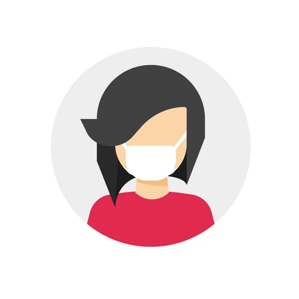Máscara facial médica en la mujer icono de vectores persona plana ilustración de dibujos animados, personaje femenino protegido con medicina máscara de cirugía signo aislado diseño moderno pictograma imagen — Archivo Imágenes Vectoriales