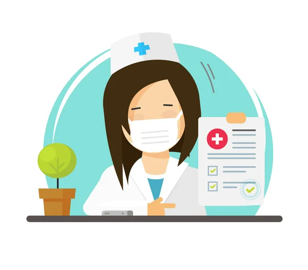Doctor in medical face mask or physician woman person showing good healthy test check up results list vector icon flat cartoon illustration, medic female character and paper report modern design image — Stock Vector