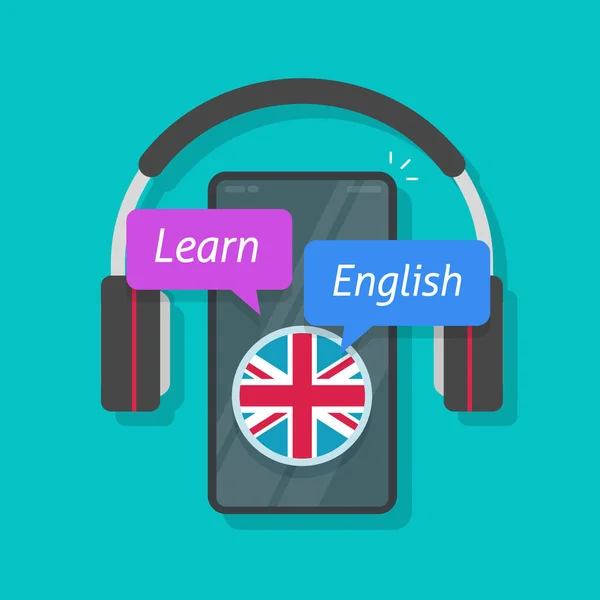 Английский или иностранный язык онлайн на мобильном телефоне или смартфоне, мобильник с наушниками или гарнитурой и учебные курсы. — стоковый вектор