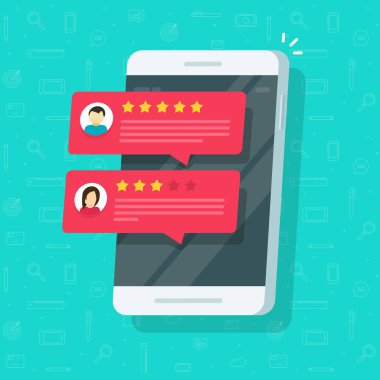 Derecelendirme ya da itibar çevrimiçi olarak cep telefonunda ya da akıllı telefonda referanssal geribildirim vektörü düz çizim, cep telefonu modern tasarım müşteri deneyimi kavramını gözden geçirir