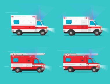 Ambulans ve itfaiye araçları veya itfaiye aracı ve tıbbi yardım araçları siren göstericisi düz çizgi film klibi görüntüsü ile hızlı hareket ediyor.