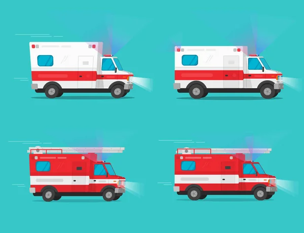 Carros de emergência de ambulância e caminhão de bombeiros ou caminhão de bombeiros e automóveis de veículos de emergência médica movendo-se rapidamente com sirene flasher luz vetor plano desenho animado ilustração clipart imagem —  Vetores de Stock