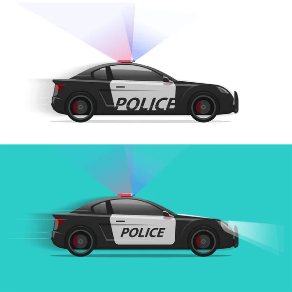 Rendőrautó vektor gyorsan mozog szirén villogó fény vagy járőr jármű oldalnézet elszigetelt lapos rajzfilm illusztráció előfizetői kép — Stock Vector