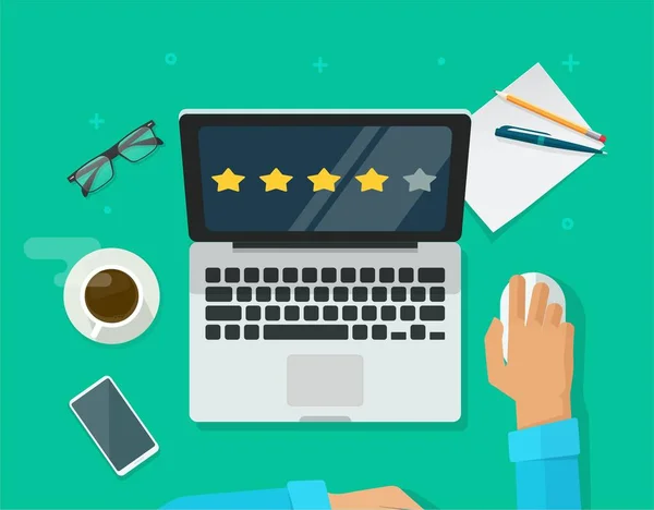 Recenzie marturii de rating on-line pe laptop computer la locul de muncă, clientul evalua mărturie feedback experiență concept birou vizualizare de sus vector desen animat plat, persoană evaluează evaluări stele reputație pe PC — Vector de stoc