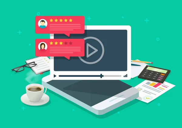Video content review testimonials online on-line on mobile phone workplace or feedback and reputation rate chat evaluation vector flat cartoon illustration, internet web vídeo player with rating survey image — Vetor de Stock