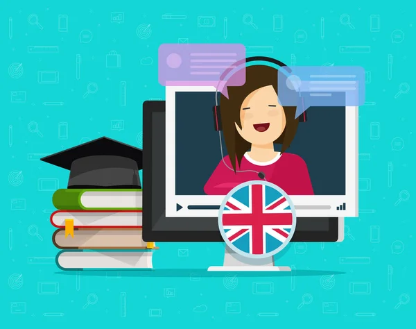 Inglés video en línea aprendizaje a distancia en el ordenador de sobremesa o concepto de educación en PC con el profesor hablando vector de chat ilustración de dibujos animados de estilo plano, estudio remoto imagen de idioma extranjero — Vector de stock