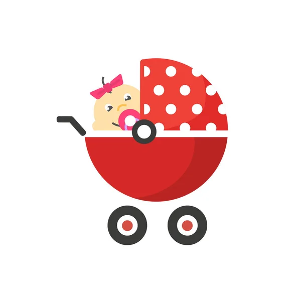 Child buggy or baby stroller pram vector icon with kid character inside flat cartoon symbol isolated on white background, infant newborn in small little carriage clipart — Stock Vector