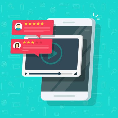 Cep telefonu veya geri bildirim ve itibar değerlendirme vektörü düz çizgi film illüstrasyonu, İnternet veya web video oynatıcısı hakkında çevrimiçi video içeriği değerlendirmeleri