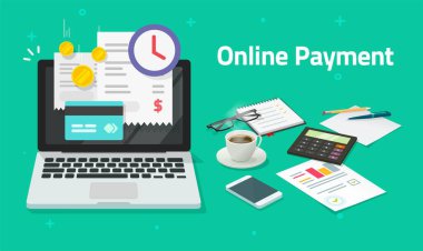 Bilgisayardaki kredi kartıyla ya da bilgisayardaki elektronik alışveriş konseptiyle bilgisayardaki faturaları ödemek ve bilgisayardaki dijital internet ödeme faturası ile finansal makbuzla birlikte dizüstü bilgisayar vektör düz çizgi film işlemi