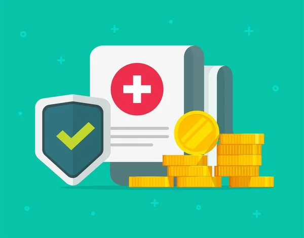 Seguro de salud médica formulario de protección o Médicare cobertura de reclamo de riesgo de documento de salud con escudo y vector de dinero de dibujos animados planos, póliza de subsidio de vida de farmacia o diseño de concepto financiero — Vector de stock