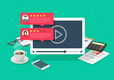 İş yeri masaüstü tablosu ya da itibar değerlendirme masası vektör düz çizgi film çizimi, İnternet ya da web video oynatıcısı hakkında çevrimiçi video içerik değerlendirmesi yorumları anketi