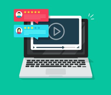 Bilgisayarda veya geri bildirim ve itibar değerlendirmesi için çevrimiçi video içeriği değerlendirmeleri pc vektör düz karikatür, internet webinar veya derecelendirme anketi ile web video oynatıcı