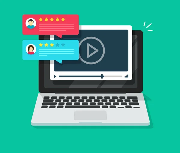 Video content review testimonials online on laptop computer or feedback and reputation rate chat evaluation on pc vector flat cartoon, internet webinar or web video player with rating survey — Wektor stockowy