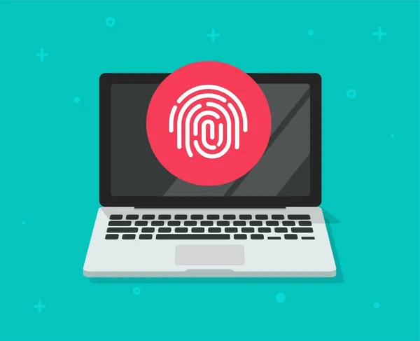 Προστασία ασφάλειας μέσω δακτυλικών αποτυπωμάτων αφής ή δακτυλικών αποτυπωμάτων σε υπολογιστή διάνυσμα laptop, επίπεδη ταυτότητα προσωπικών στοιχείων PC identify δακτυλικών αποτυπωμάτων πρόσβαση εικονίδιο, εμπιστευτική ασφαλή ιδιωτική πιστοποίηση ή εξουσιοδότηση — Διανυσματικό Αρχείο