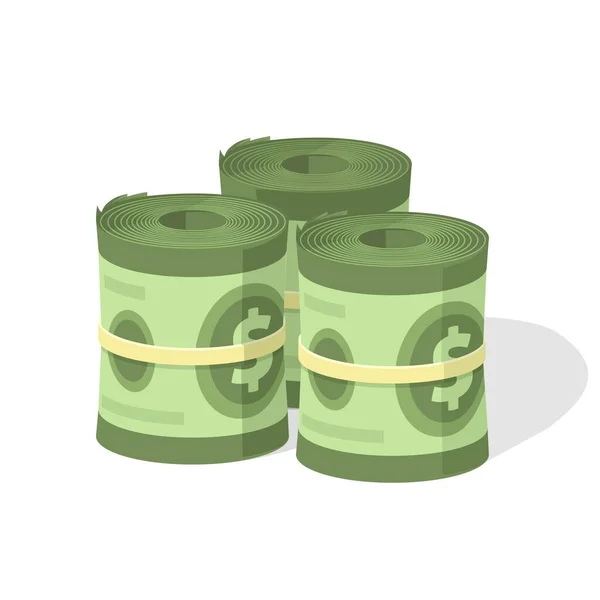 Geld roll stapel vector of cash stack hoop en bundel met rubber platte cartoon illustratie — Stockvector