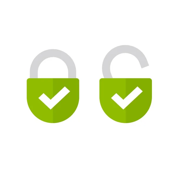 Kłódka lub ikona blokady otwarty i zamknięty płaski wektor izolowany symbol, odblokowane i zablokowane kłódki ze znakami kontrolnymi jako zabezpieczone lub chronione znak zielony kolor clipart — Wektor stockowy