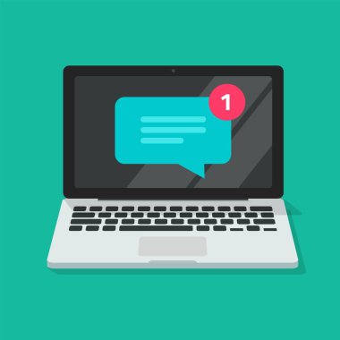 Bilgisayardaki dizüstü bilgisayardaki yeni sohbet mesajı uyarısı simgesi ya da gelen pc uyarısı sohbet baloncuğu sembolü izole edilmiş Clipart 'tan alındı