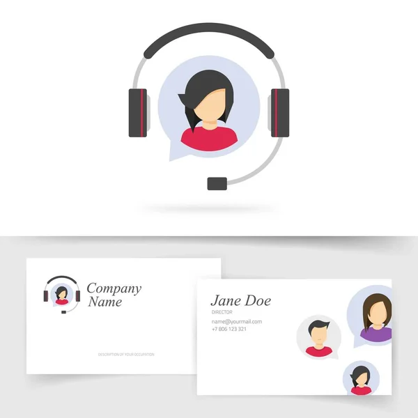 Logo del servizio clienti con design del biglietto da visita o assistenza clienti help desk agente call center simbolo vettore piatto, telefono operatore online assistente logotipo con persona femminile — Vettoriale Stock