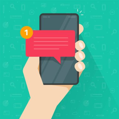 Cep telefonu akıllı telefon vektörü veya cep telefonundaki yeni sohbet mesajı uyarısı insanların el sembolü izole edilmiş Clipart üzerindeki konuşma baloncuğu uyarısı alındı