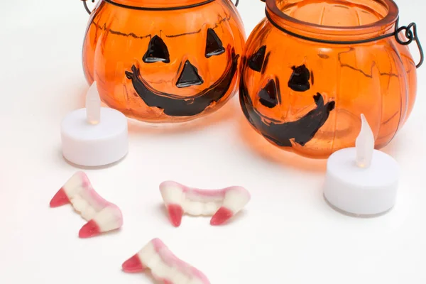 Halloween party objects arranged and isolated on a white backgro — Stock Photo, Image