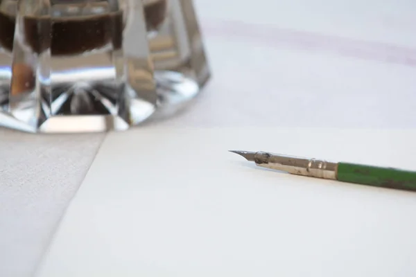 Ink Well Old Fashioned Pen Letter Writing Document Signing — Stockfoto