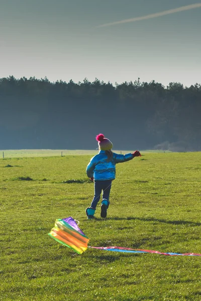 Criança voando um papagaio ao ar livre em um dia claro ensolarado em um país f — Fotografia de Stock