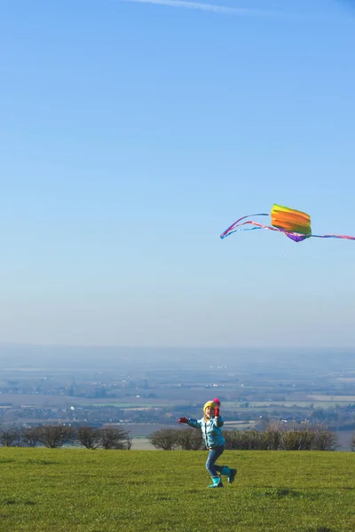 Kind dat buiten vliegert op een zonnige heldere dag in een land f — Stockfoto