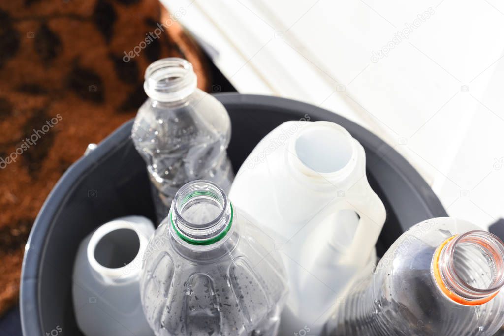 Plastic recycling, plastic bottles and containers from household