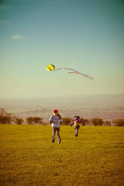 Kinderen spelen samen buiten met een vlieger met vintage stijl — Stockfoto
