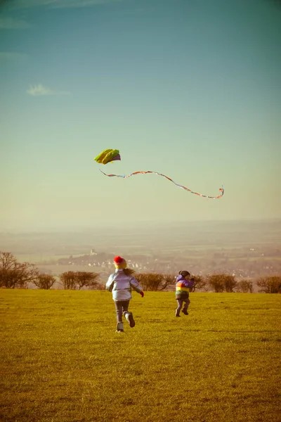 Kinderen spelen samen buiten met een vlieger met vintage stijl — Stockfoto