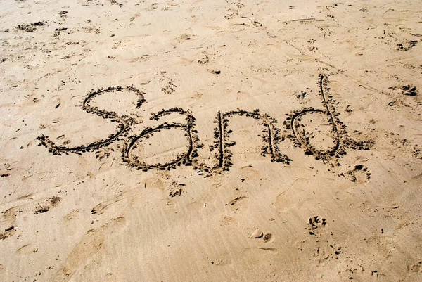 The word sand written in sand on the beach