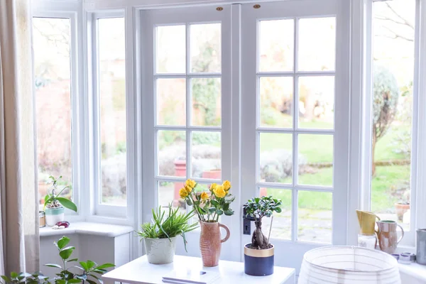 Stylish room interior with french doors and light neutral colour — 图库照片